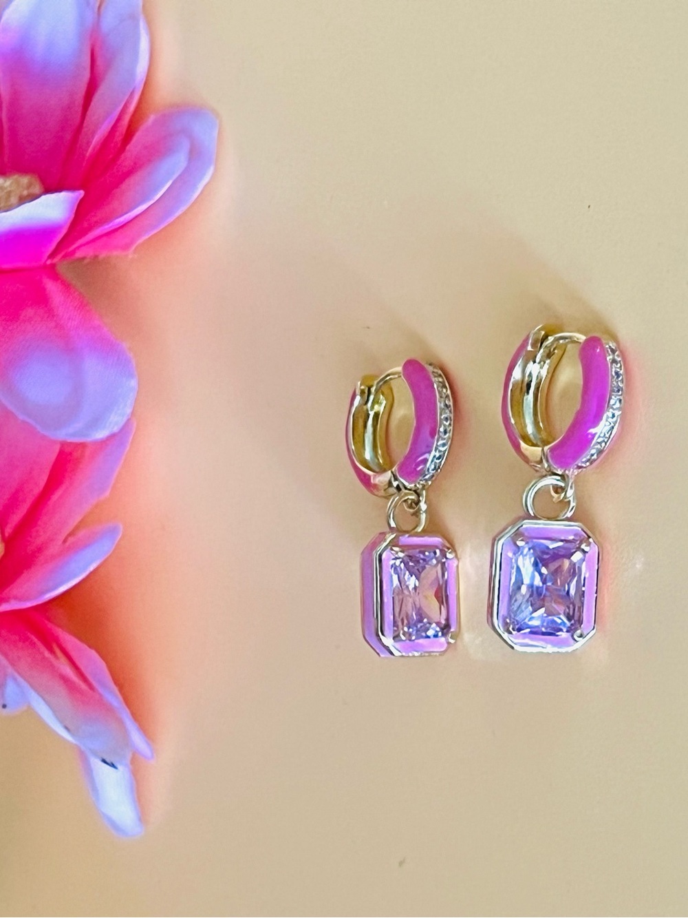 Pink Enamel and CZ Gold plated Earrings